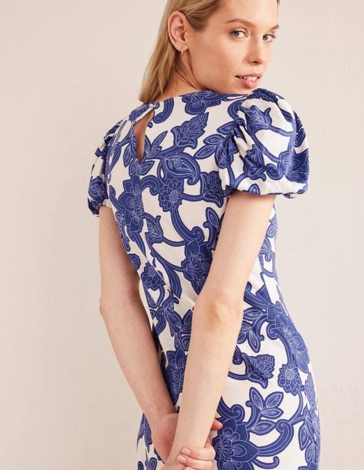 Boden vêtements ruban bleu et tourbillon cachemire femmes robe midi en jersey à manches bouffantes LB2X969