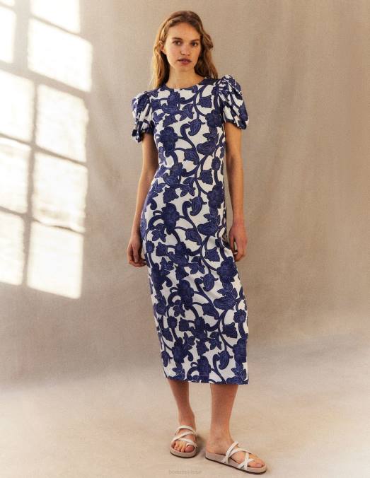 Boden vêtements ruban bleu et tourbillon cachemire femmes robe midi en jersey à manches bouffantes LB2X969