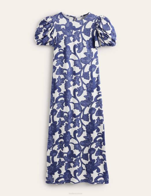 Boden vêtements ruban bleu et tourbillon cachemire femmes robe midi en jersey à manches bouffantes LB2X969