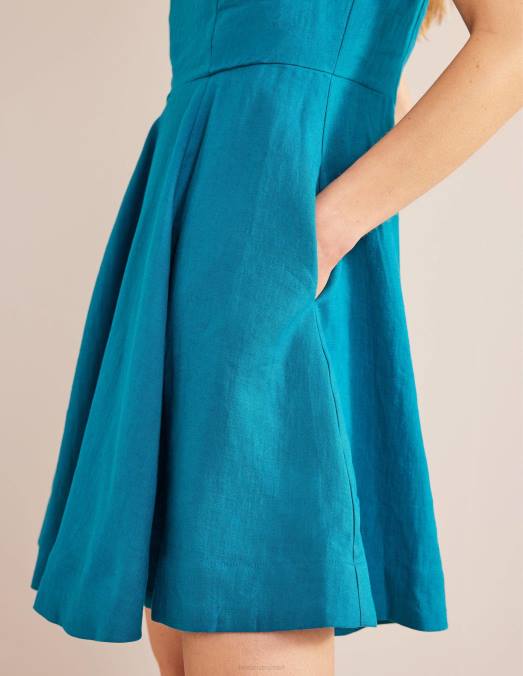 Boden vêtements sarcelle femmes robe courte ajustée et évasée en lin LB2X78