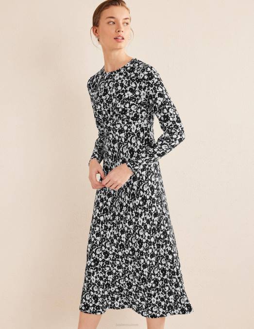 Boden vêtements silhouette noire et fleurie femmes robe mi-longue à col rond LB2X1511
