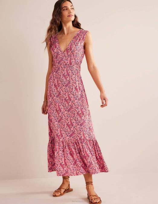 Boden vêtements sorbet rose et fleurs cachemire femmes robe longue en jersey smocké LB2X2257