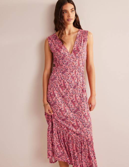 Boden vêtements sorbet rose et fleurs cachemire femmes robe longue en jersey smocké LB2X2257