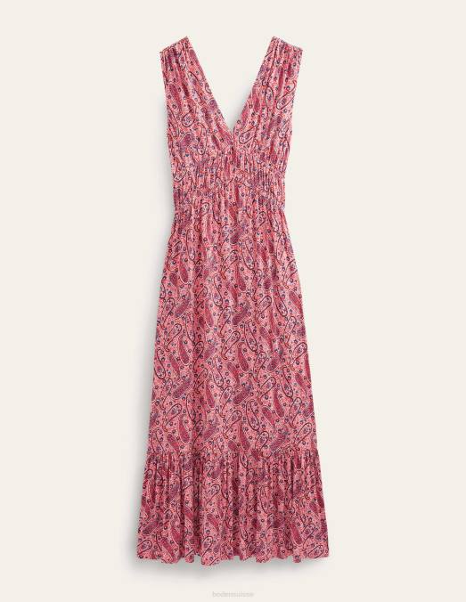 Boden vêtements sorbet rose et fleurs cachemire femmes robe longue en jersey smocké LB2X2257