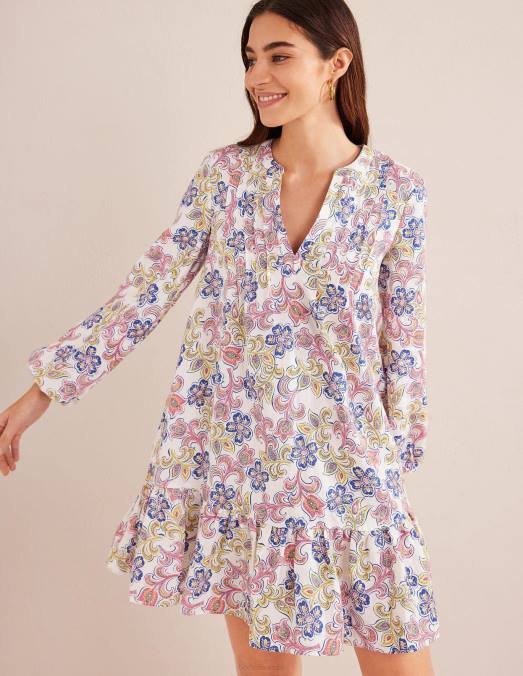 Boden vêtements taverne ivoire et botanique femmes robe courte en lin à volants LB2X1034