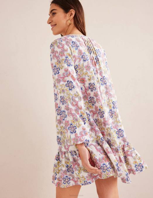 Boden vêtements taverne ivoire et botanique femmes robe courte en lin à volants LB2X1034
