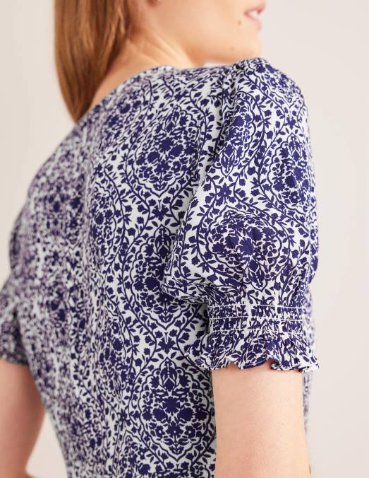 Boden vêtements terrasse bleu de Prusse et vigne femmes robe mi-longue à manches courtes LB2X2553