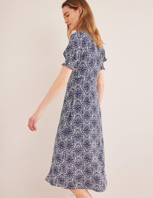 Boden vêtements terrasse bleu de Prusse et vigne femmes robe mi-longue à manches courtes LB2X2553