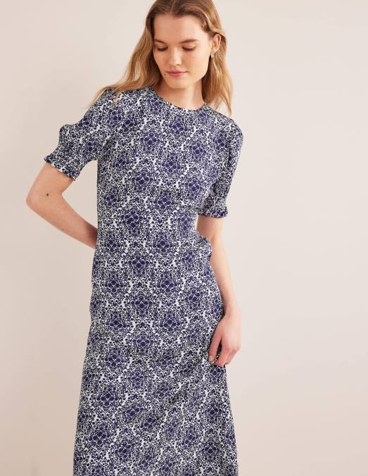 Boden vêtements terrasse bleu de Prusse et vigne femmes robe mi-longue à manches courtes LB2X2553