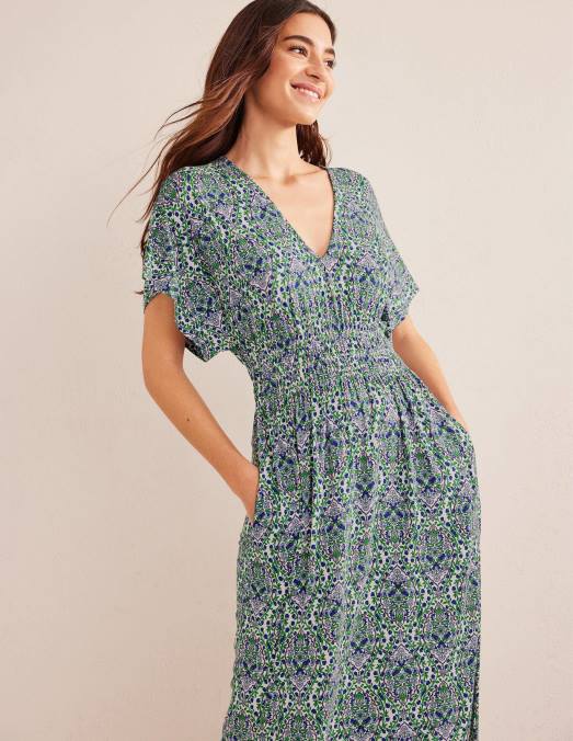 Boden vêtements terrasse lin & vigne femmes robe longue en jersey à taille smockée LB2X995