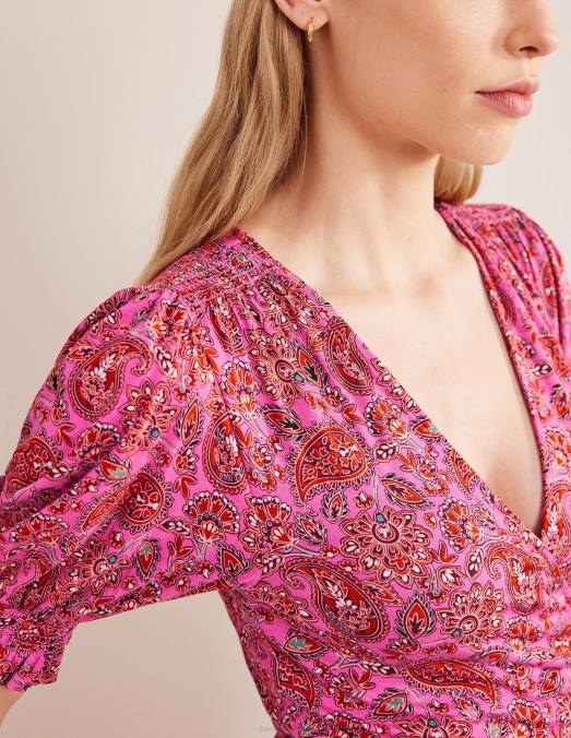 Boden vêtements terrasse rose carmin et cachemire femmes robe courte portefeuille en jersey à volants LB2X1067