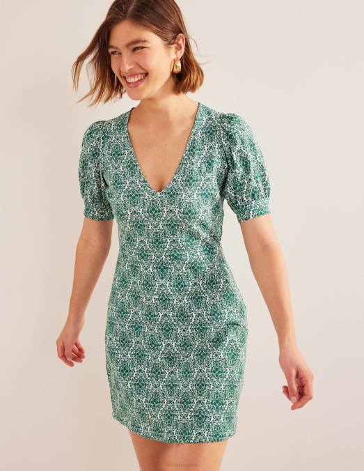 Boden vêtements terrasse vert bouteille et vignes femmes robe courte en jersey à col V LB2X931