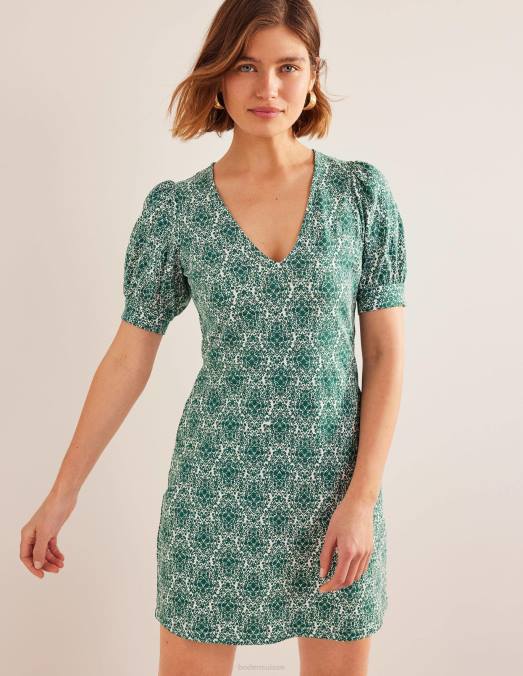 Boden vêtements terrasse vert bouteille et vignes femmes robe courte en jersey à col V LB2X931