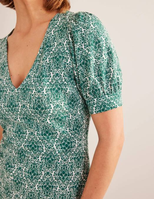 Boden vêtements terrasse vert bouteille et vignes femmes robe courte en jersey à col V LB2X931
