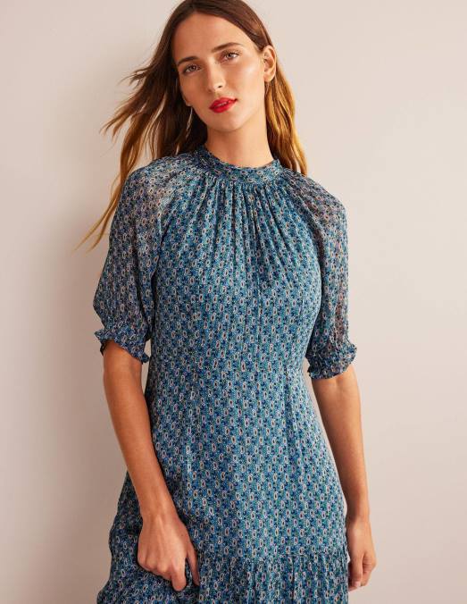 Boden vêtements tige bleue et cachemire femmes robe longue à volants et col noué LB2X583