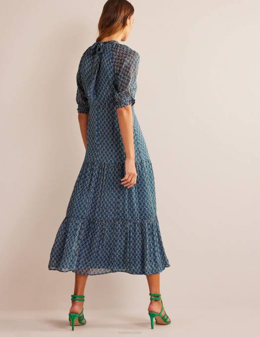 Boden vêtements tige bleue et cachemire femmes robe longue à volants et col noué LB2X583