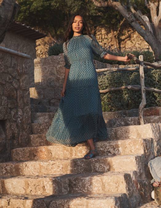 Boden vêtements tige bleue et cachemire femmes robe longue à volants et col noué LB2X583