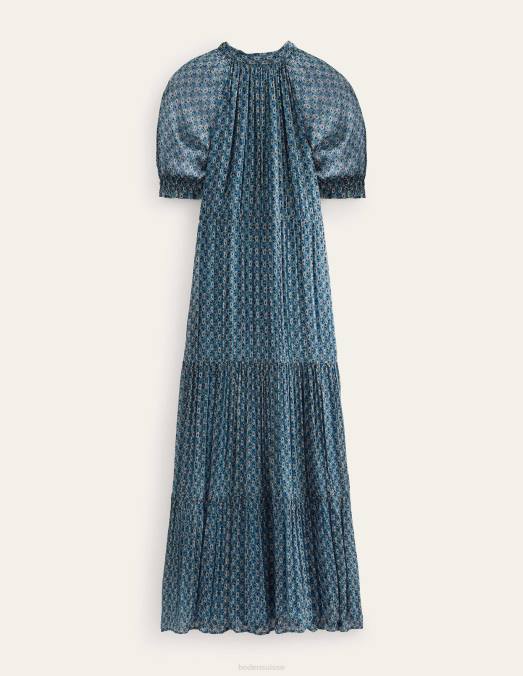 Boden vêtements tige bleue et cachemire femmes robe longue à volants et col noué LB2X583