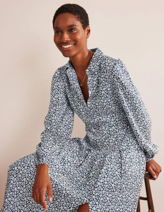 Boden vêtements tige marine et fleur femmes robe-chemise mi-longue à jupe plissée LB2X927