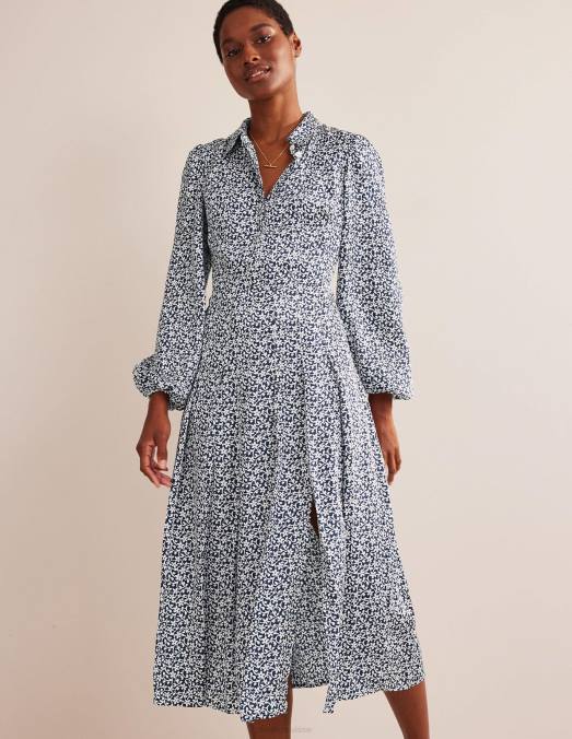 Boden vêtements tige marine et fleur femmes robe-chemise mi-longue à jupe plissée LB2X927