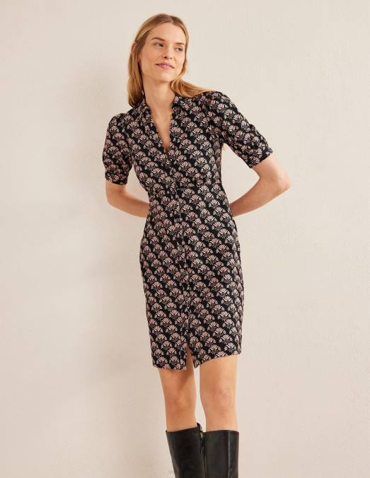 Boden vêtements timbre noir et passion femmes robe courte en jersey boutonnée LB2X1154