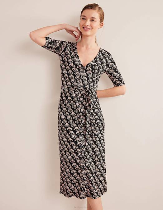 Boden vêtements timbre noir et passion femmes robe mi-longue en jersey boutonnée sur le devant LB2X1529