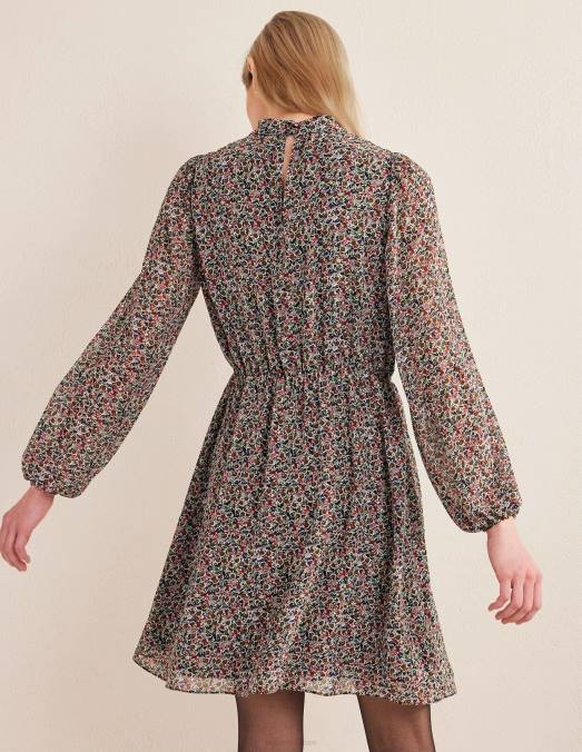 Boden vêtements toile noire et pétale femmes robe courte volantée à col montant LB2X2095