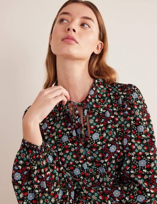 Boden vêtements tourbillon noir et gardénia femmes robe chemise à col noué LB2X1559