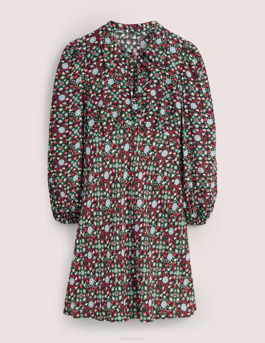 Boden vêtements tourbillon noir et gardénia femmes robe chemise à col noué LB2X1559