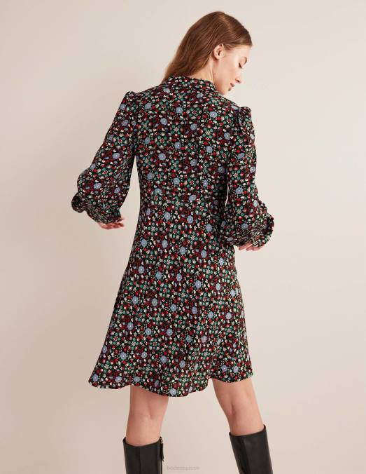 Boden vêtements tourbillon noir et gardénia femmes robe chemise à col noué LB2X1559