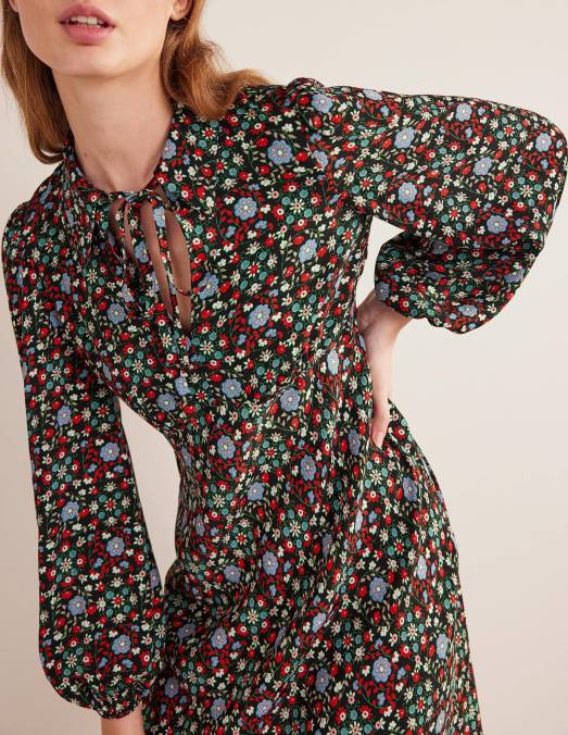 Boden vêtements tourbillon noir et gardénia femmes robe chemise à col noué LB2X1559