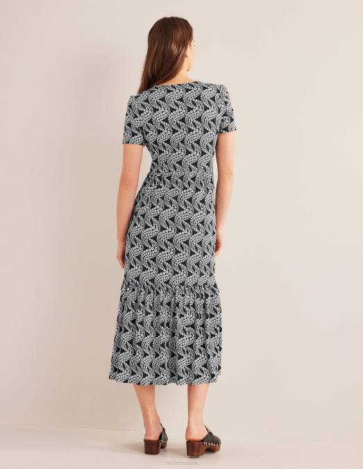 Boden vêtements tourbillon noir et marguerite femmes robe midi en jersey facile à volants LB2X1110