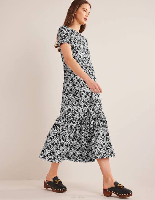 Boden vêtements tourbillon noir et marguerite femmes robe midi en jersey facile à volants LB2X1110