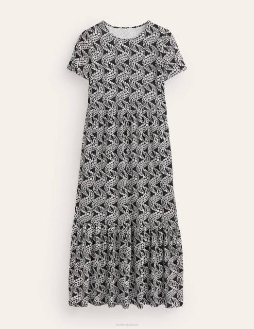Boden vêtements tourbillon noir et marguerite femmes robe midi en jersey facile à volants LB2X1110