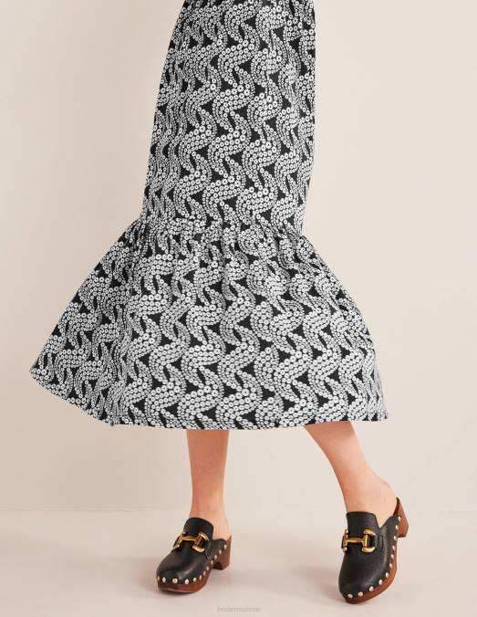Boden vêtements tourbillon noir et marguerite femmes robe midi en jersey facile à volants LB2X1110