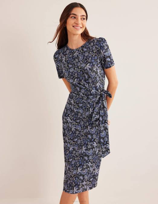 Boden vêtements véritable marine et lys oriental femmes robe midi en jersey nouée sur le devant LB2X1144