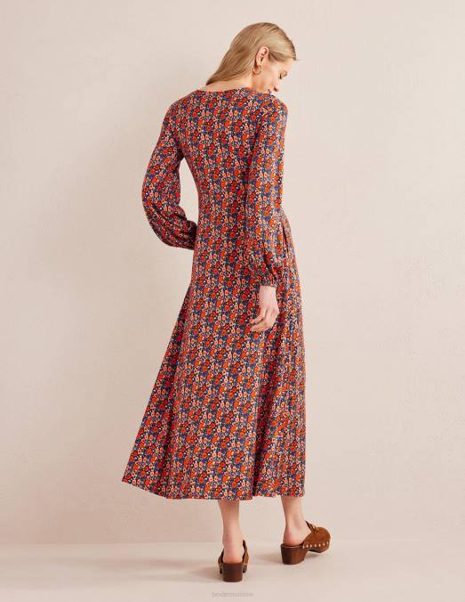 Boden vêtements vermillon et coquelicot abstrait femmes robe longue en jersey à trou de serrure LB2X1492