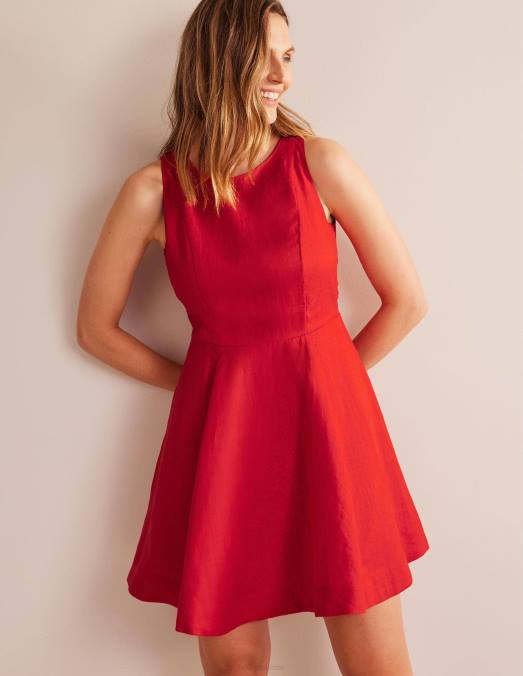 Boden vêtements vermillon femmes robe courte ajustée et évasée en lin LB2X30