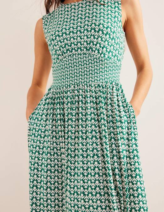 Boden vêtements vert bouteille et tulipe pop femmes robe mi-longue en jersey à détail de taille LB2X2175