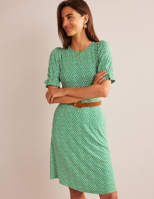 Boden vêtements vert des prés et bourgeon de marguerite femmes robe courte en jersey à manches bouffantes LB2X58