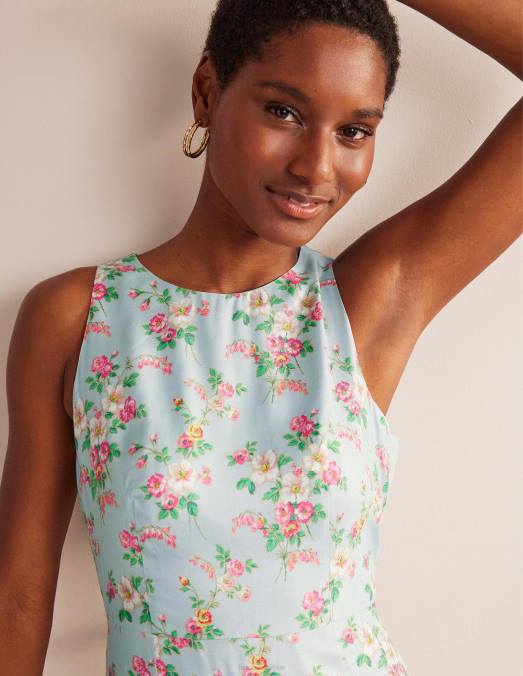 Boden vêtements vert pâle et floral vintage femmes robe midi ajustée et évasée LB2X1201