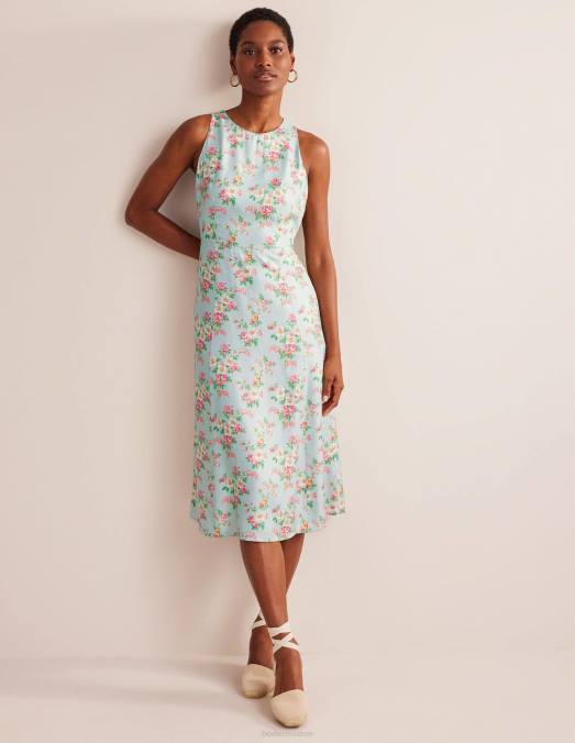 Boden vêtements vert pâle et floral vintage femmes robe midi ajustée et évasée LB2X1201