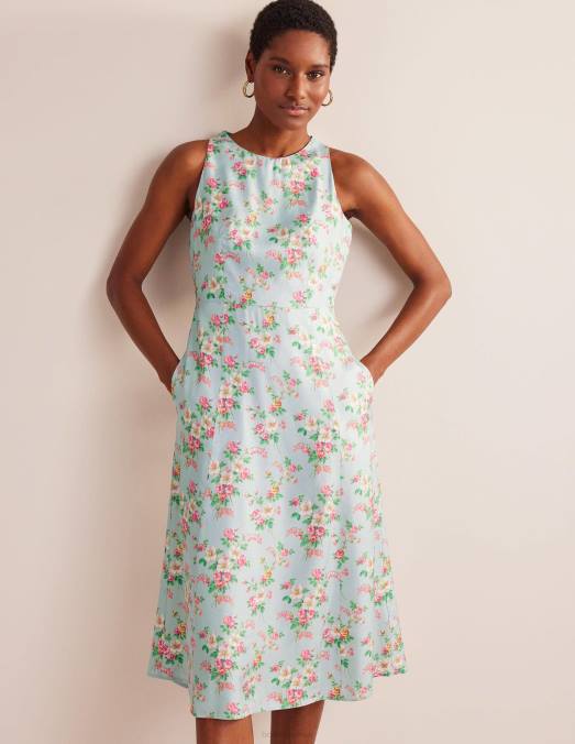 Boden vêtements vert pâle et floral vintage femmes robe midi ajustée et évasée LB2X1201