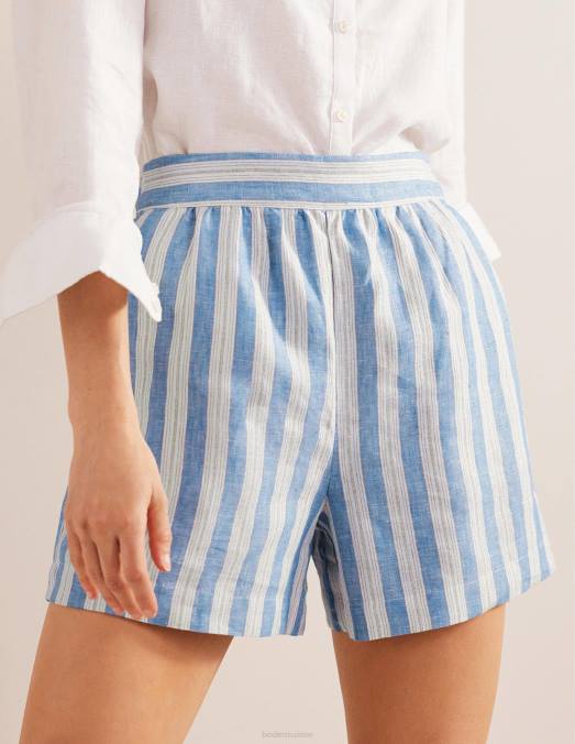 Boden vêtements bleu porcelaine et rayures scintillantes femmes short en lin à enfiler LB2X1286