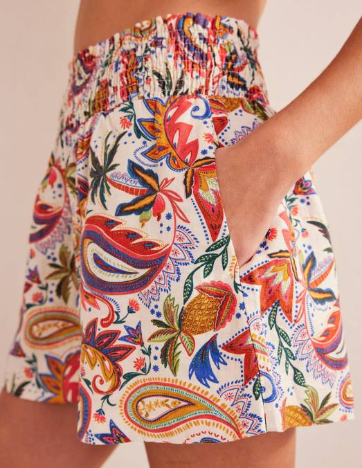 Boden vêtements imprimé conversationnel ivoire femmes short en lin à taille froncée LB2X2393