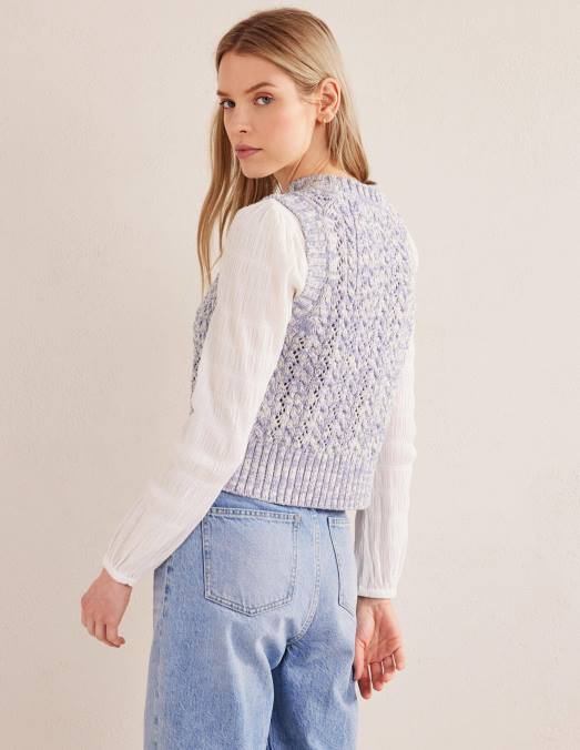 Boden vêtements bleu blizzard et ivoire chiné femmes débardeur en tricot torsadé LB2X2027