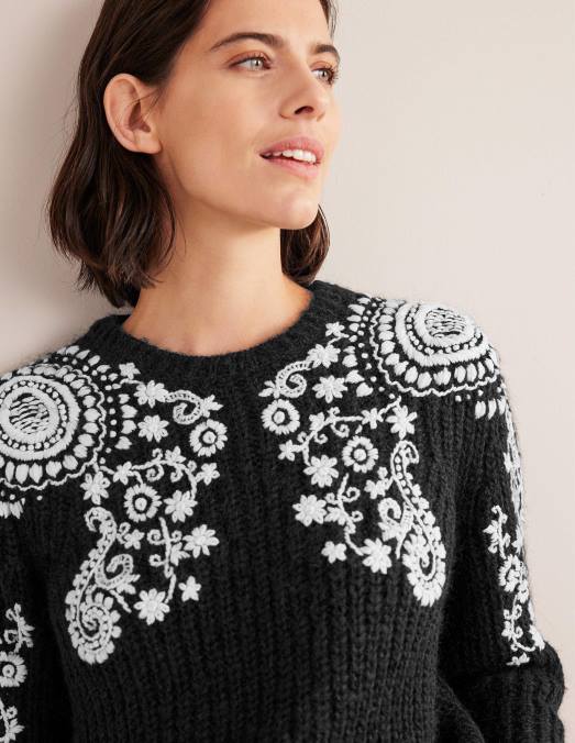 Boden vêtements broderie noire et ivoire femmes pull à broderies côtelées duveteuses LB2X1931