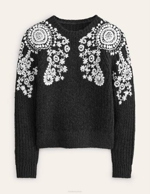 Boden vêtements broderie noire et ivoire femmes pull à broderies côtelées duveteuses LB2X1931