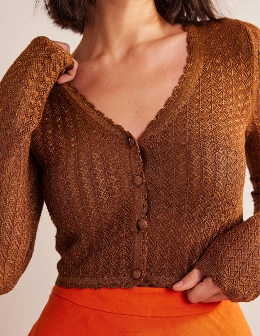 Boden vêtements cognac bronze or éclat femmes cardigan court en pointelle LB2X1788