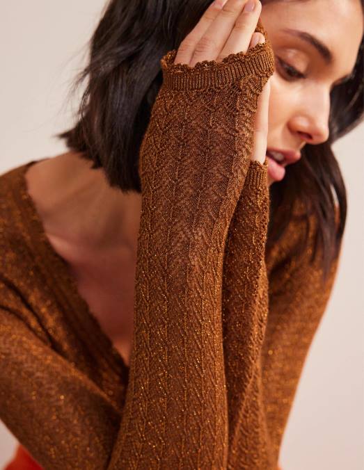 Boden vêtements cognac bronze or éclat femmes cardigan court en pointelle LB2X1788